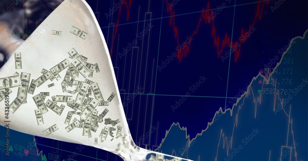 Composition of american dollar bills falling over financial data processing on blue background