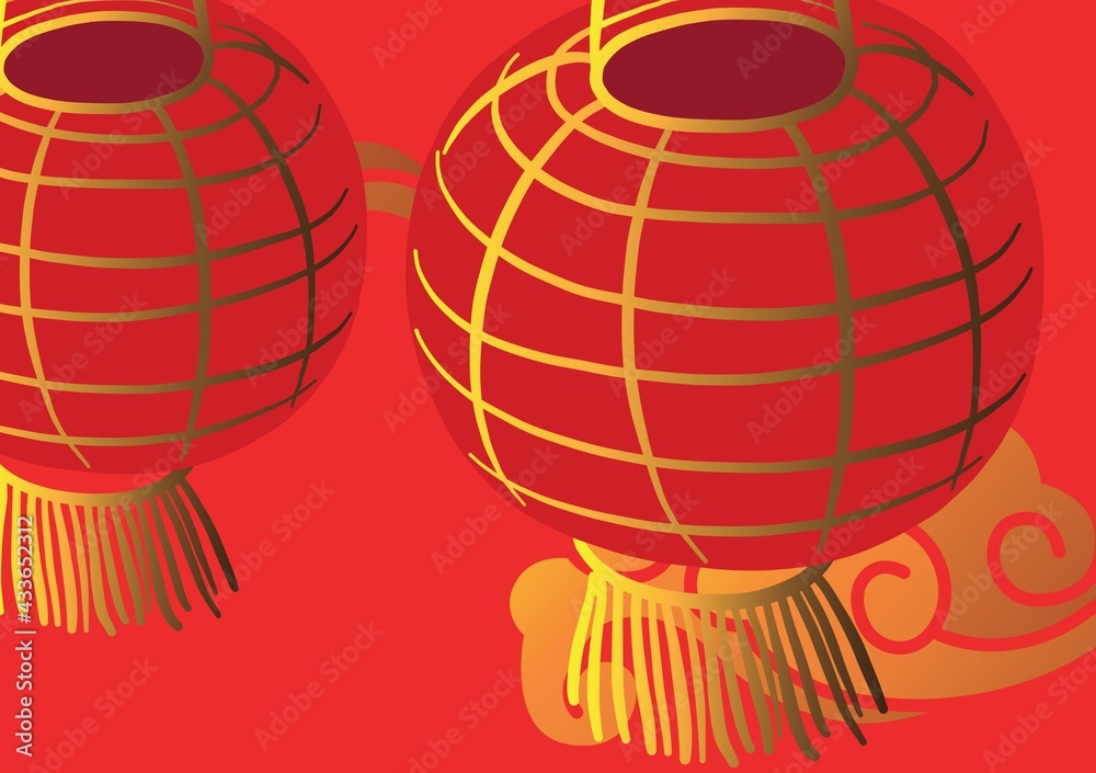 Composition of gold and red chinese lampions on red background