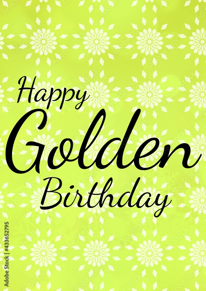 Composition of happy golden birthday text on flowers over light green background