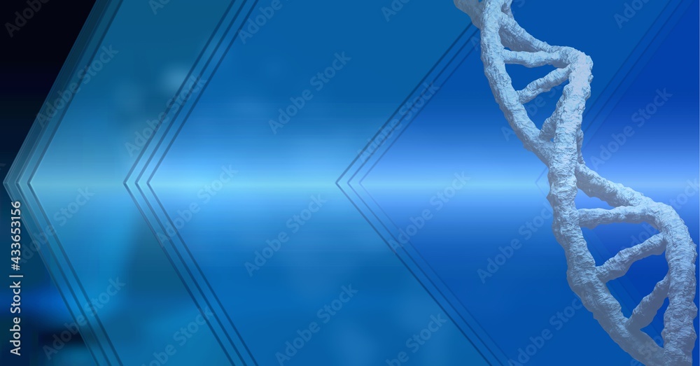 Composition of white 3d dna strand with copy space on blue background