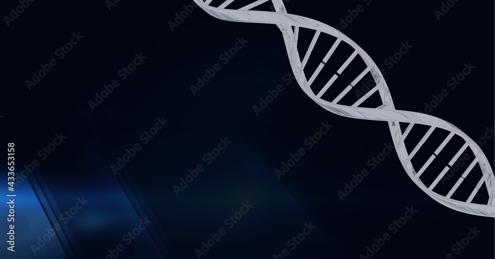 Composition of white 3d dna strand with copy space on black background