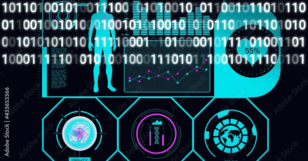 Composition of binary coding, medical icons and data processing on screen on black background