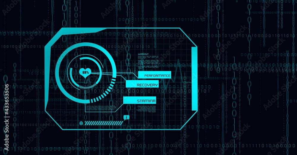 Composition of binary coding, medical icons and data processing on screen circle on black background