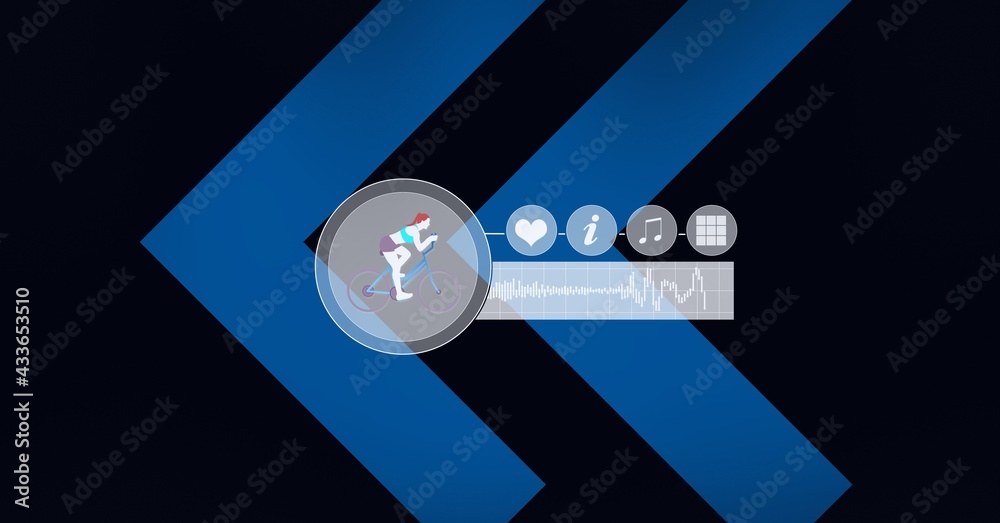 Composition of sports icons with data processing and blue arrows on black background