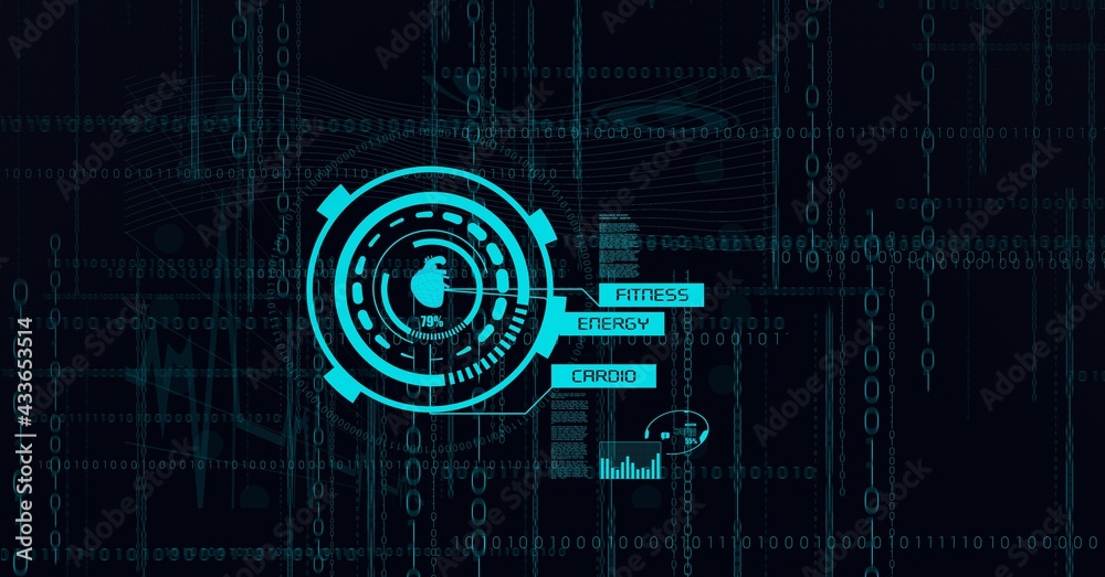 Composition of binary coding, medical icons and data processing on screen circle on black background