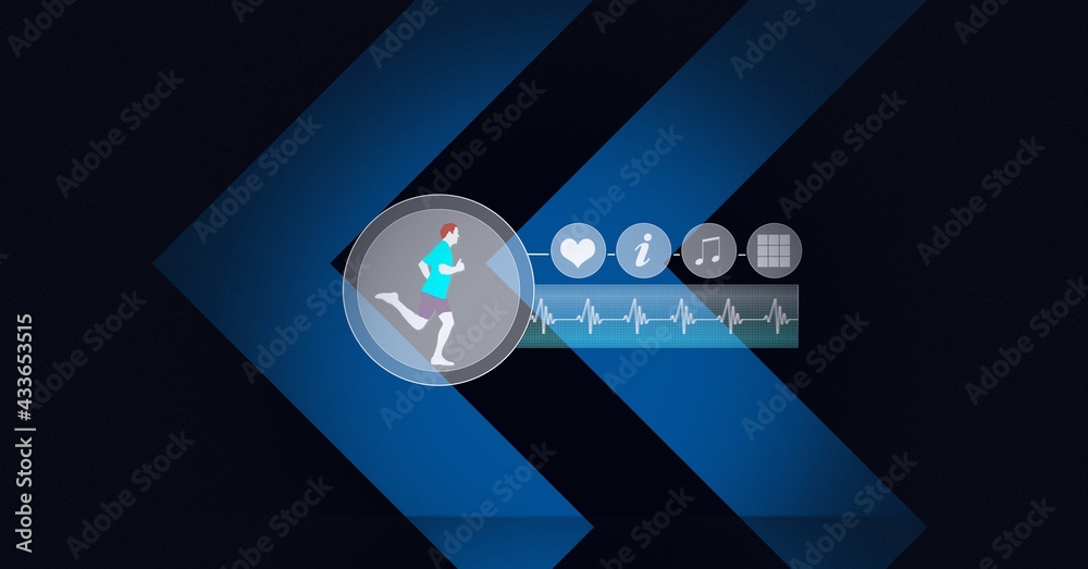 Composition of sports icons with data processing and blue arrows on black background