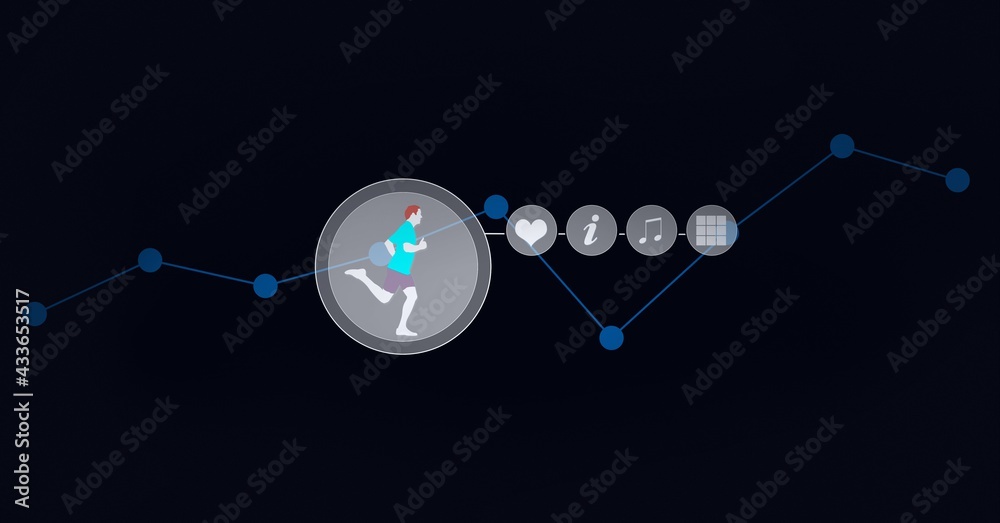 Composition of sports icons with data processing and blue connections on black background