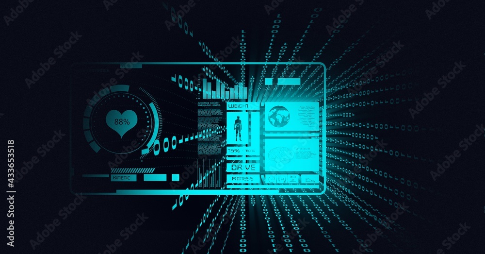 Composition of binary coding, medical icons and data processing on screen circle on black background