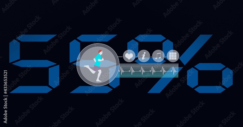 Composition of sports icons with data processing and blue 55 percent on black background