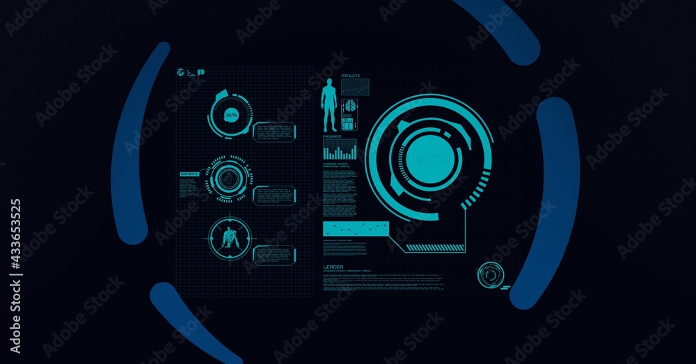 Composition of medical icons with scope scanning on screen and blue circle on black background