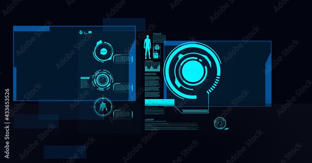 Composition of medical icons with scope scanning on screens on black background