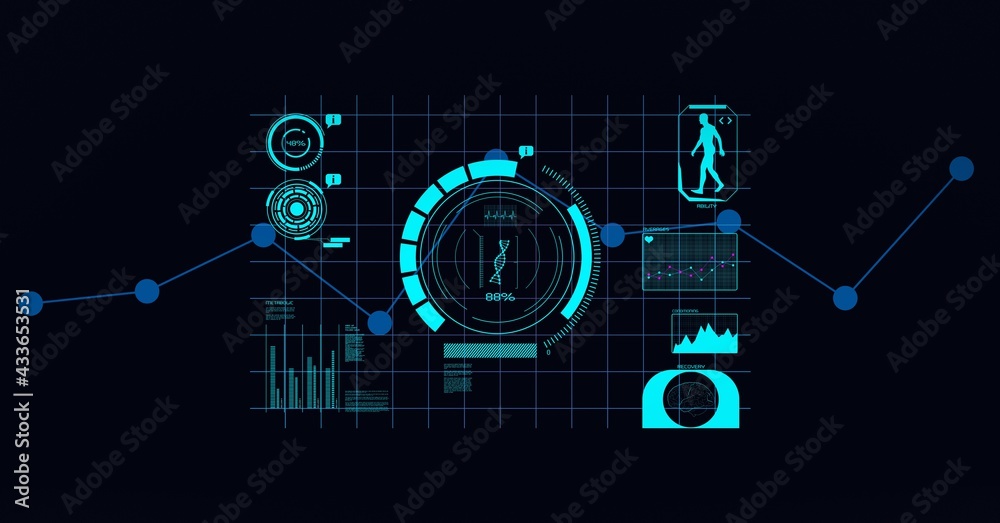 Composition of medical icons with scope scanning on screen and blue connections on black background