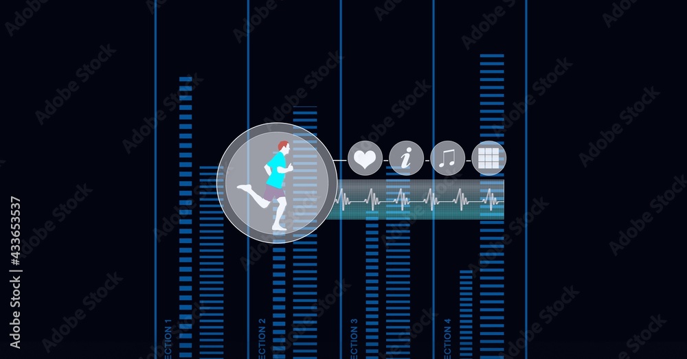 Composition of sports icons with blue data processing on black background