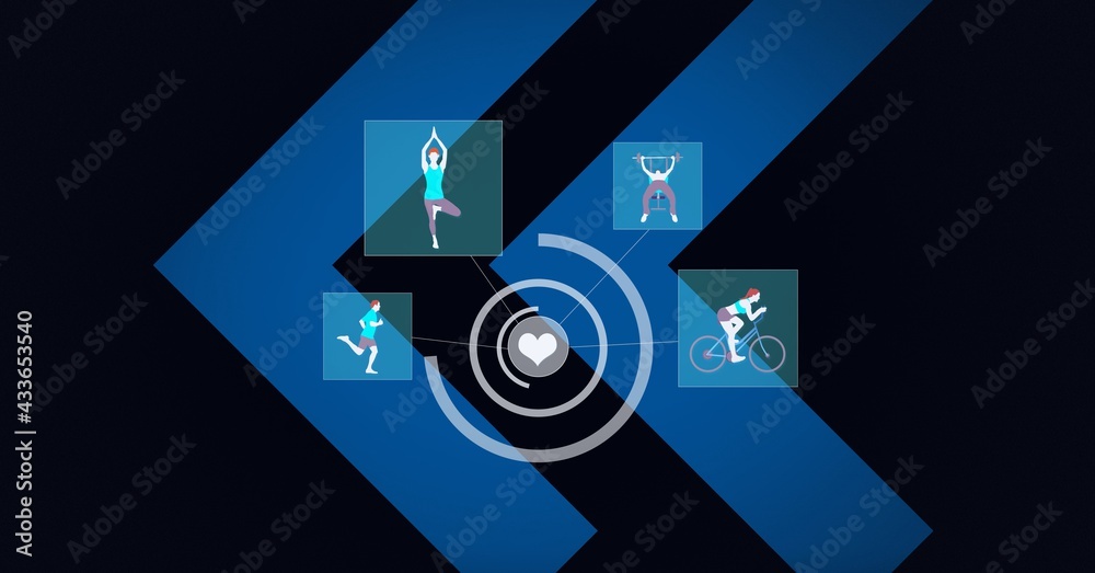 Composition of sports icons with scope scanning and blue arrows on black background