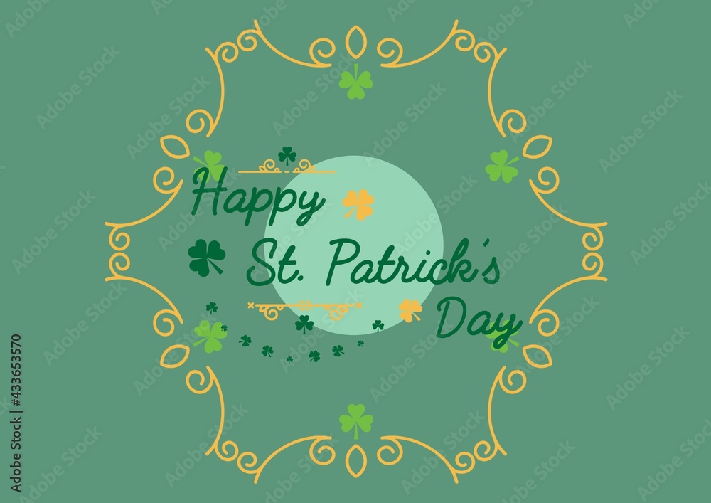 Composition of happy st patricks day text on circle in yellow frame with clover on green background