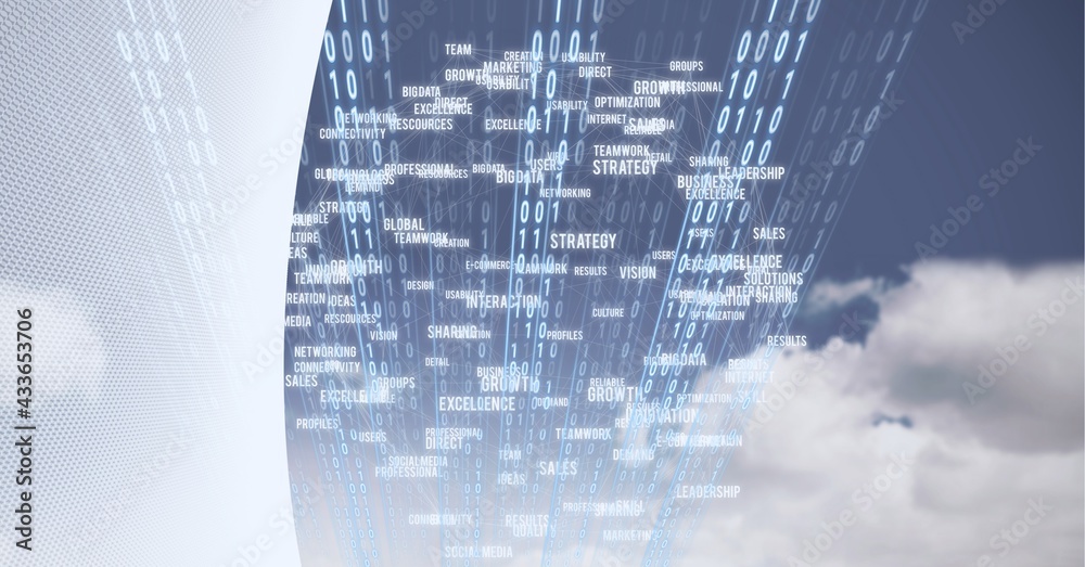 Composition of technology text and binary coding over clouds on blue sky and white background