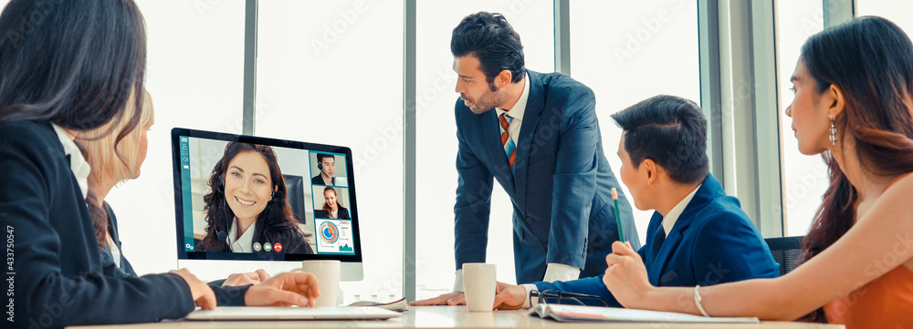 Video call group business people meeting on virtual workplace or remote office. Telework conference 