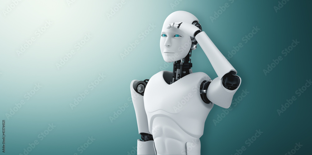 Standing humanoid robot looking forward on clean background 3D illustration