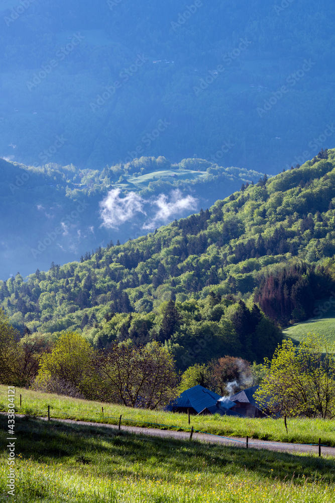 Paysage du Parc Naturel Régional des Bauges en Savoie en France dans les montagnes des Alpes