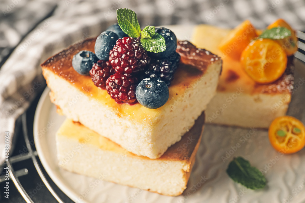 Pieces of cottage cheese casserole on plate, closeup