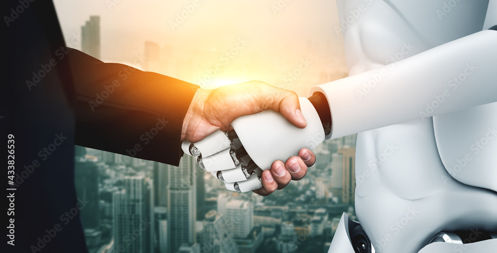 3D rendering humanoid robot handshake to collaborate future technology development by AI thinking br