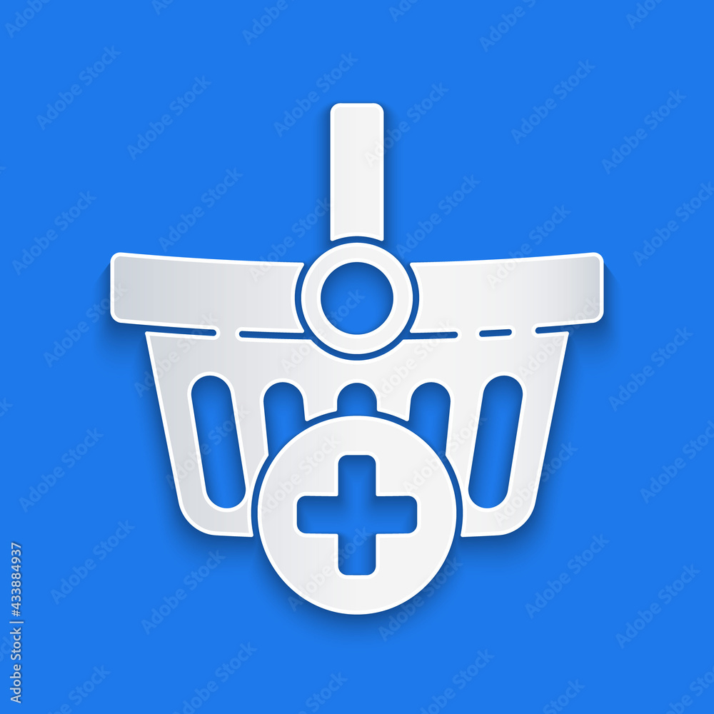 Paper cut Add to Shopping basket icon isolated on blue background. Online buying concept. Delivery s