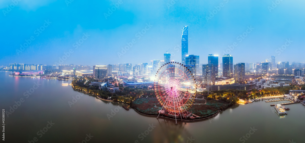 Aerial photography of Suzhou Jinji Lake CBD urban architecture night view