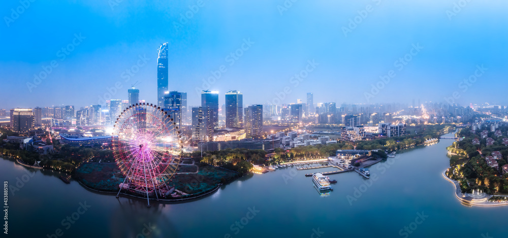 航拍苏州金鸡湖CBD城市建筑夜景