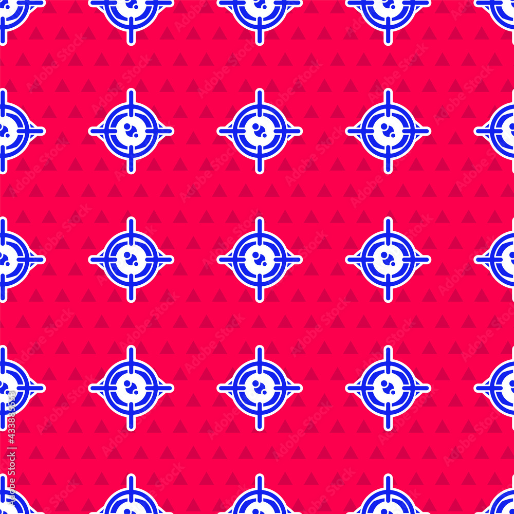 Blue Eye scan icon isolated seamless pattern on red background. Scanning eye. Security check symbol.