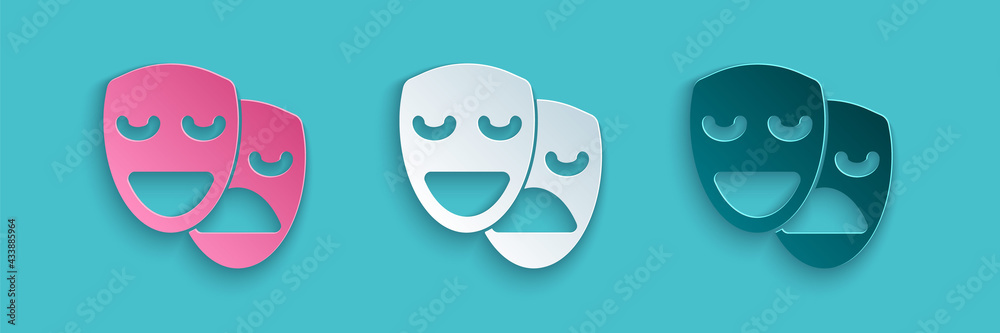 Paper cut Comedy and tragedy theatrical masks icon isolated on blue background. Paper art style. Vec