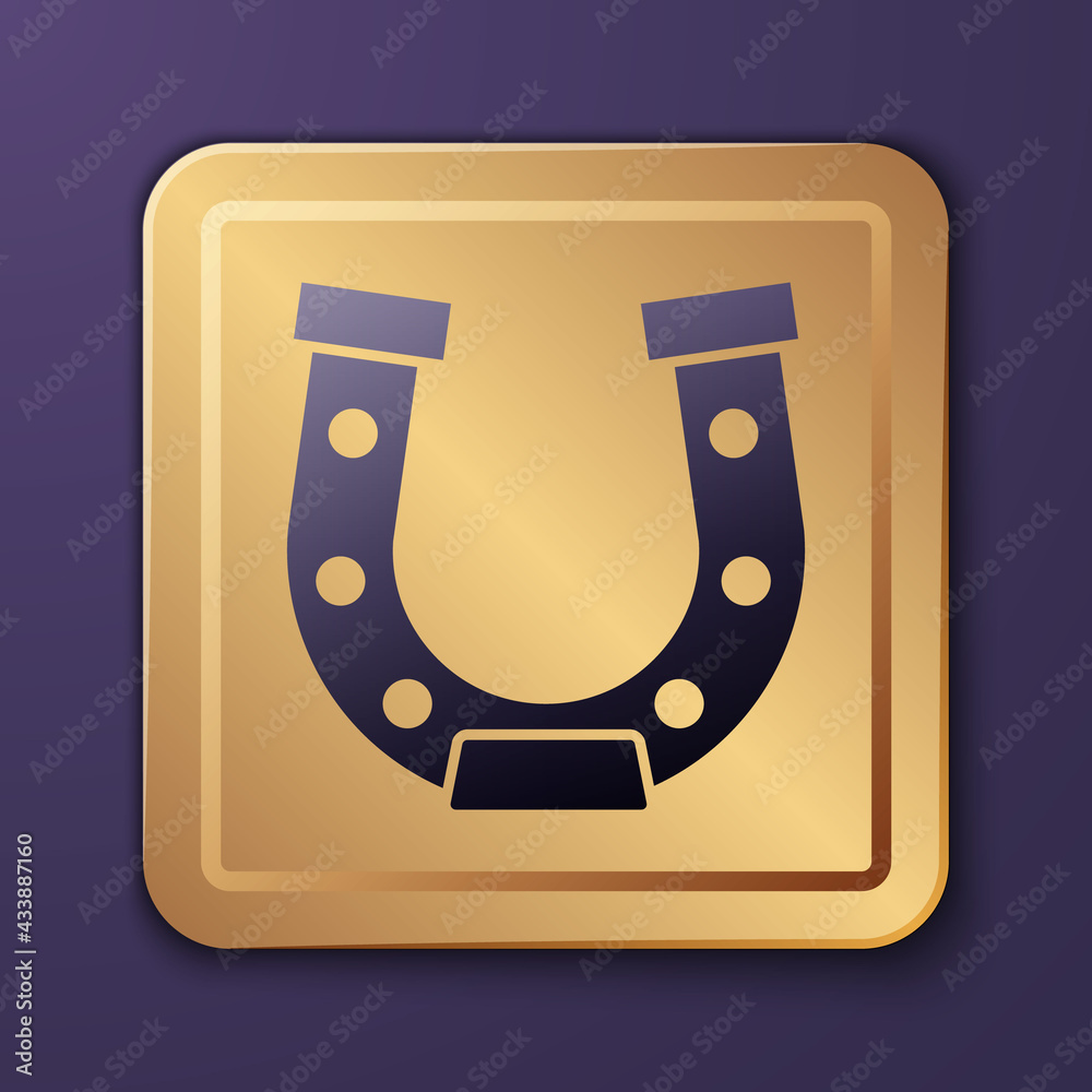 Purple Horseshoe icon isolated on purple background. Gold square button. Vector