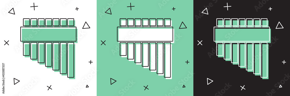 将Pan长笛图标隔离在白色和绿色，黑色背景上。秘鲁传统音乐乐器