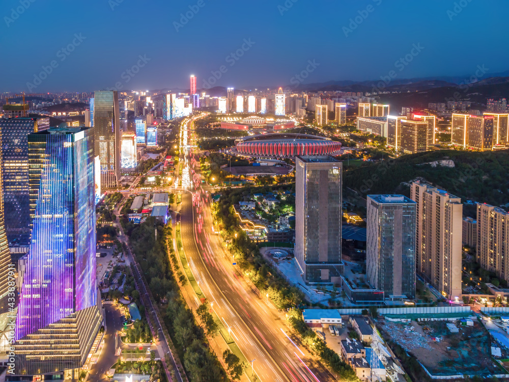 航拍济南经十路CBD夜景