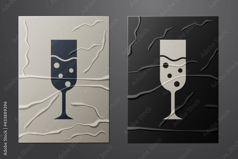 White Glass of champagne icon isolated on crumpled paper background. Paper art style. Vector