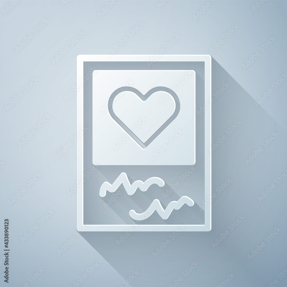 Paper cut Blanks photo frames and hearts icon isolated on grey background. Valentines Day symbol. Pa