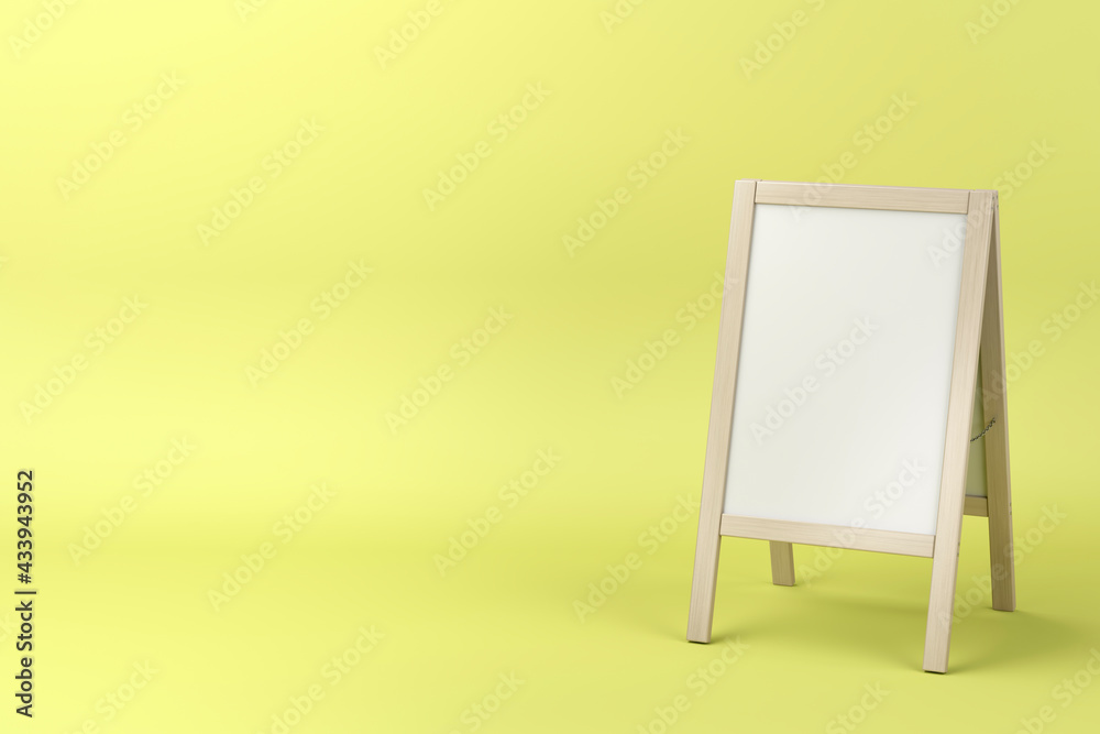 Outdoor menu display board with wooden frame on yellow background