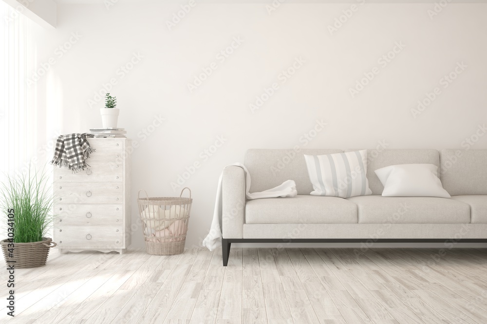 Soft color living room with sofa. Scandinavian interior design. 3D illustration