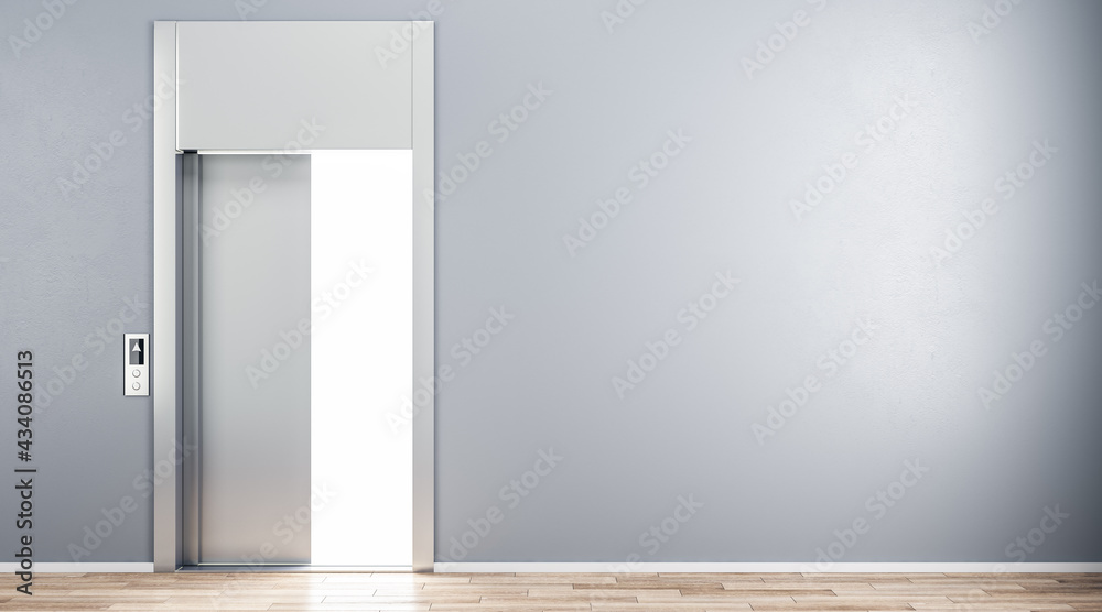 Grey wall with copyspace and open elevator doors in abstract hall. 3D rendering, mock up