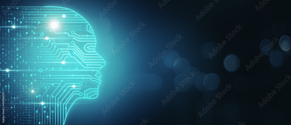 Artificial intelligence and machine learning concept with glowing digital human head silhouette with