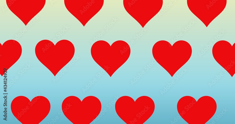 Illustration of rows of red hearts on blue background