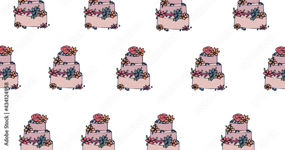 Illustration of rows of cakes with flowers on white background