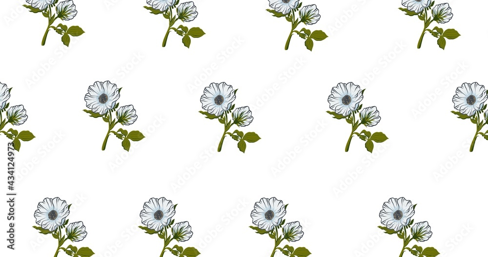 Illustration of rows of blue flowers on white background