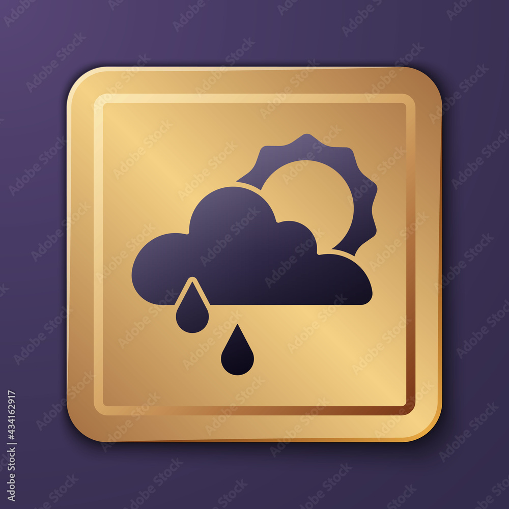 Purple Cloud with rain and sun icon isolated on purple background. Rain cloud precipitation with rai