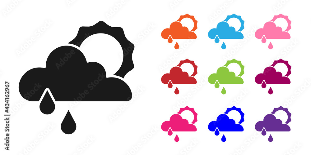 Black Cloud with rain and sun icon isolated on white background. Rain cloud precipitation with rain 