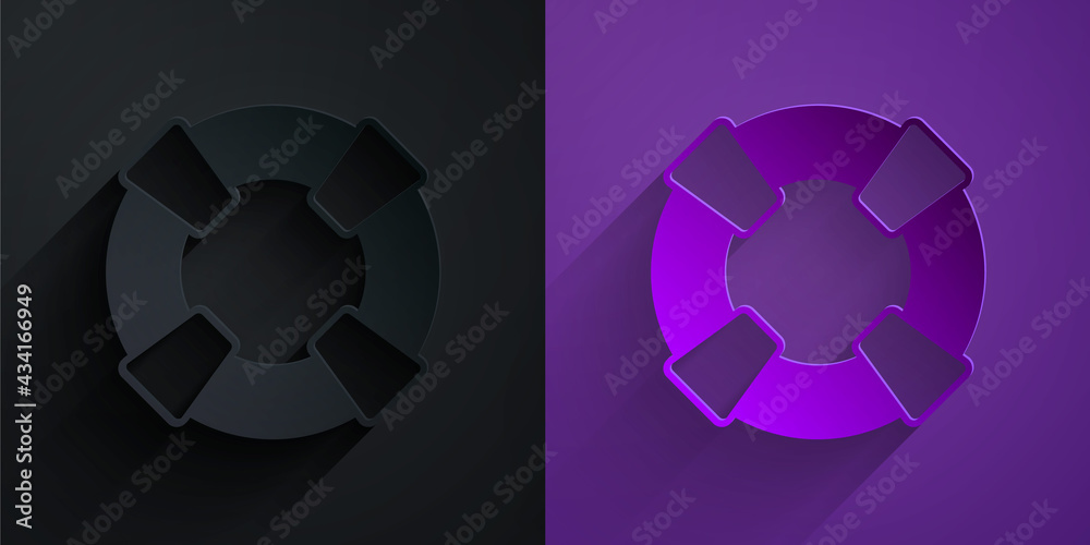 Paper cut Lifebuoy icon isolated on black on purple background. Lifebelt symbol. Paper art style. Ve