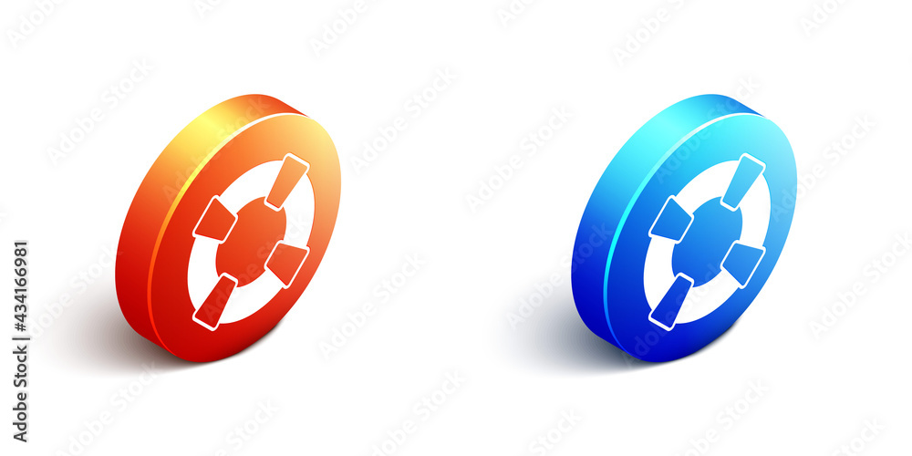 Isometric Lifebuoy icon isolated on white background. Lifebelt symbol. Orange and blue circle button