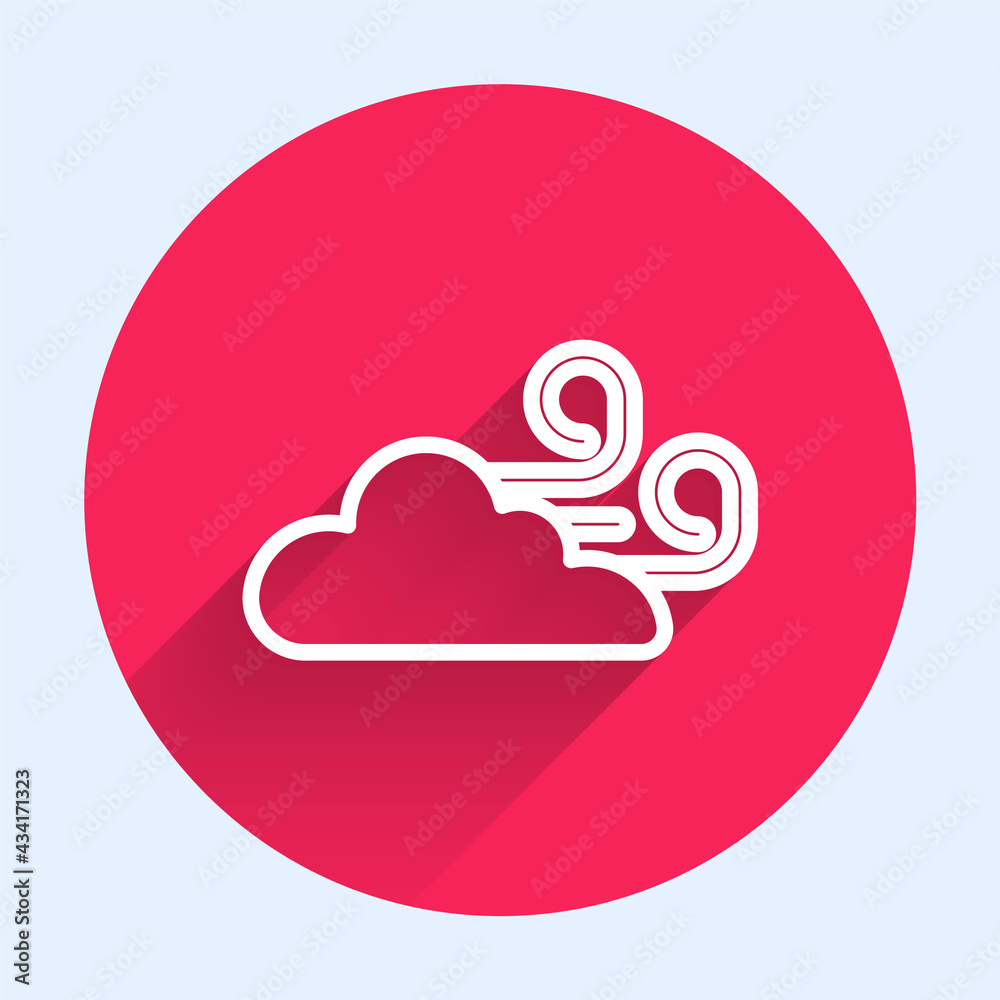 White line Windy weather icon isolated with long shadow. Cloud and wind. Red circle button. Vector