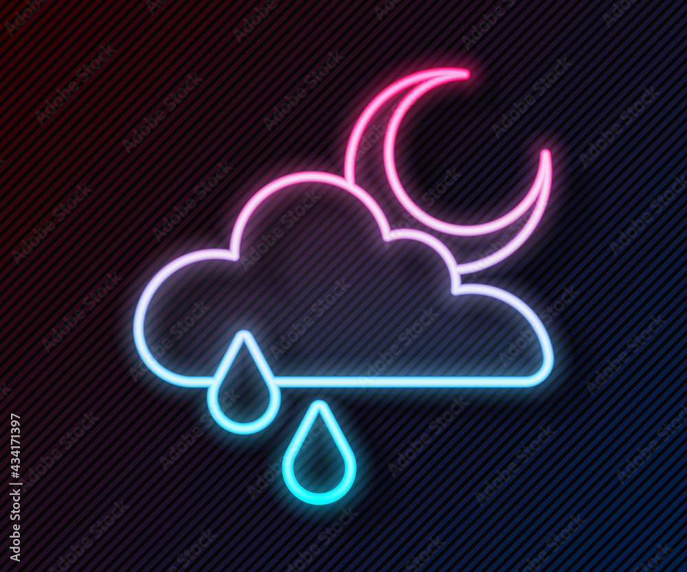 Glowing neon line Cloud with rain and moon icon isolated on black background. Rain cloud precipitati