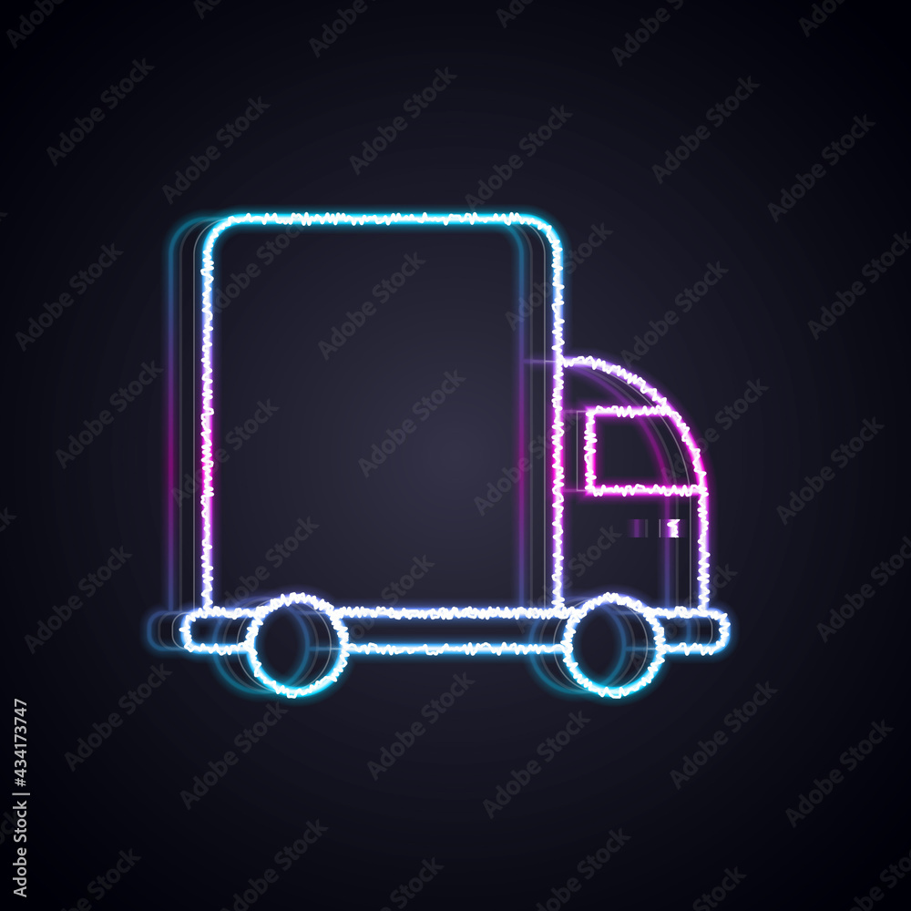 Glowing neon line Delivery cargo truck vehicle icon isolated on black background. Vector