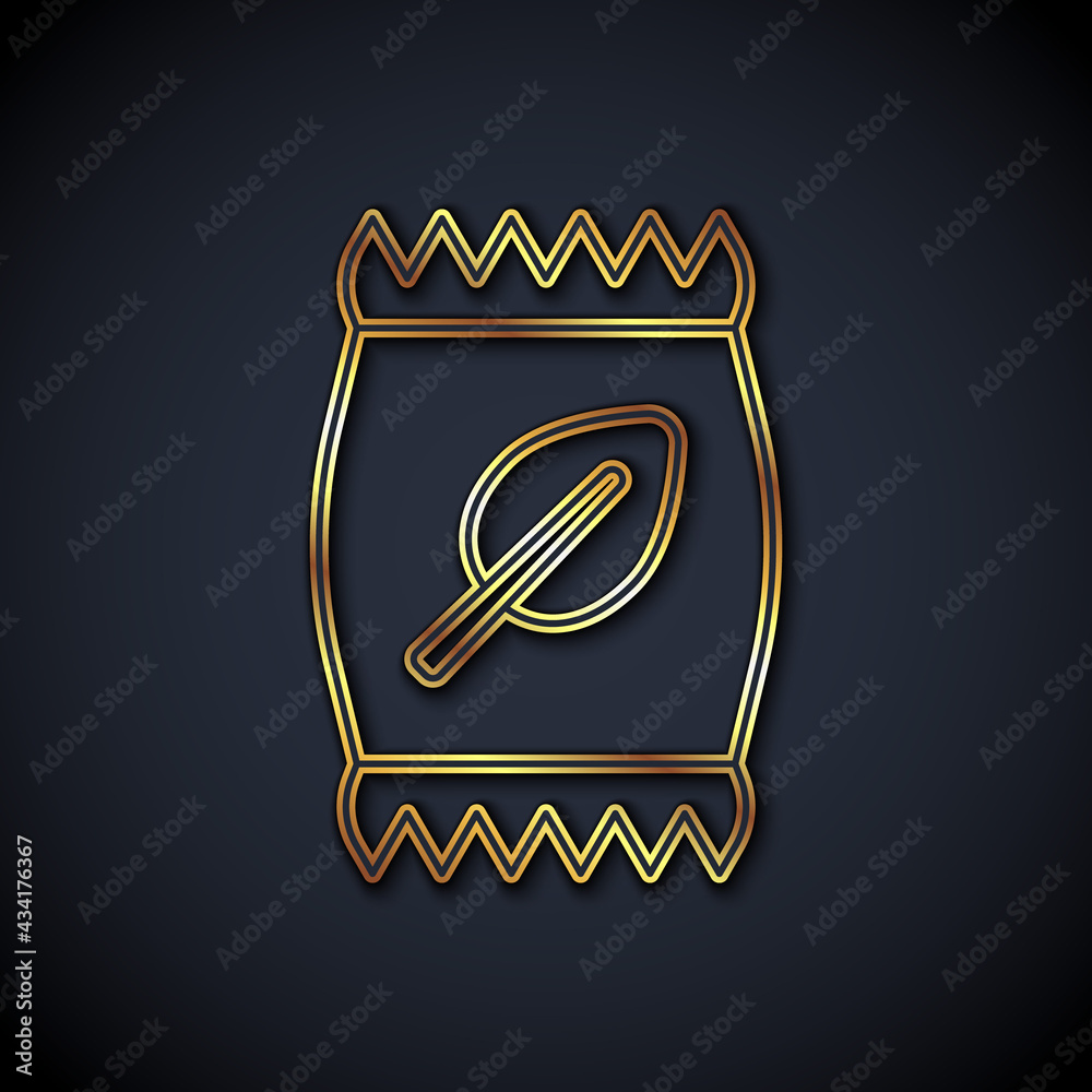 Gold line Fertilizer bag icon isolated on black background. Vector